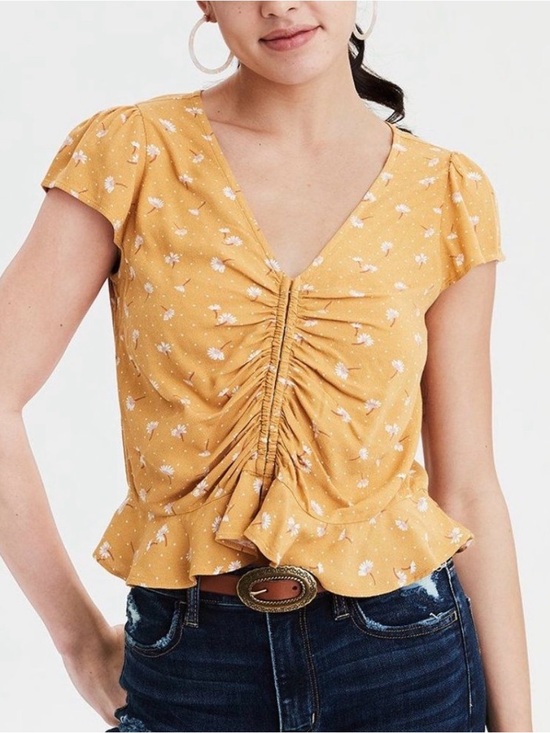 American Eagle Outfitters Tops - American Eagle Outfitters Mustard Floral Ruched V-Neck Top